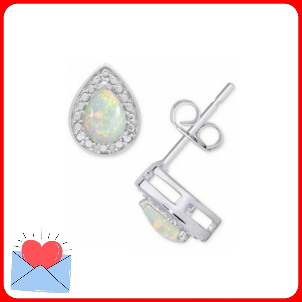 Opal and Cubic Zirconia Teardrop Stud Earrings for Valentine's Day